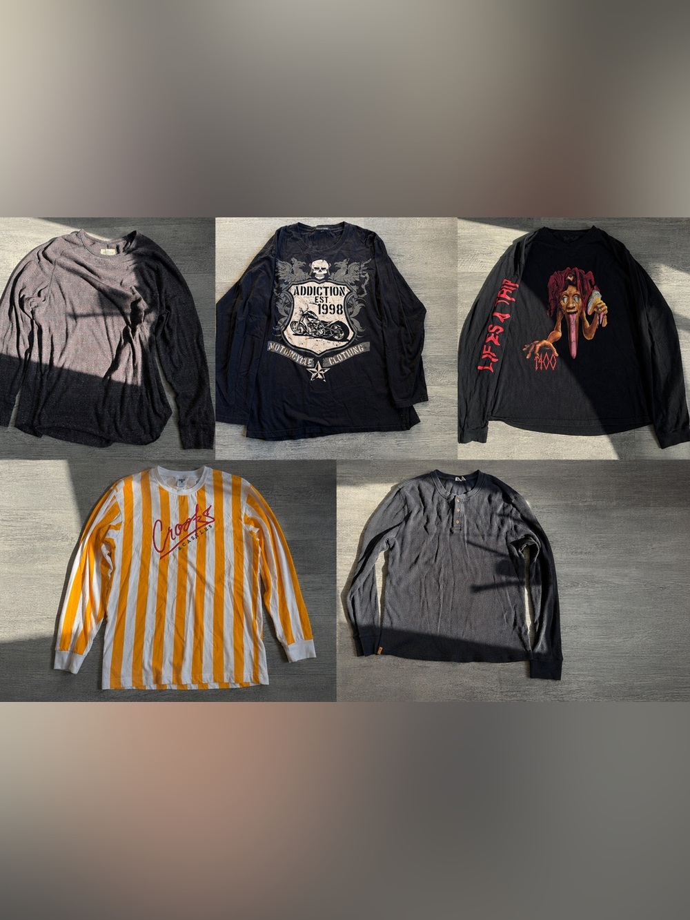 5 SHIRT PACK DEAL. First 3 shirts are size L. last 2 are size M. No flaws.